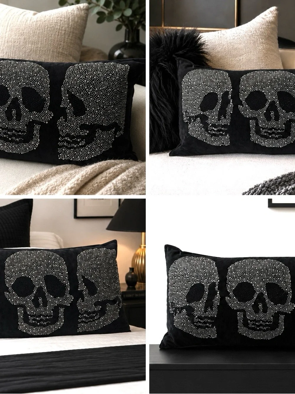 Magaschoni Home Velvet Lumbar Pillow – 3 Rhinestone Skulls – Down Filled – EUC